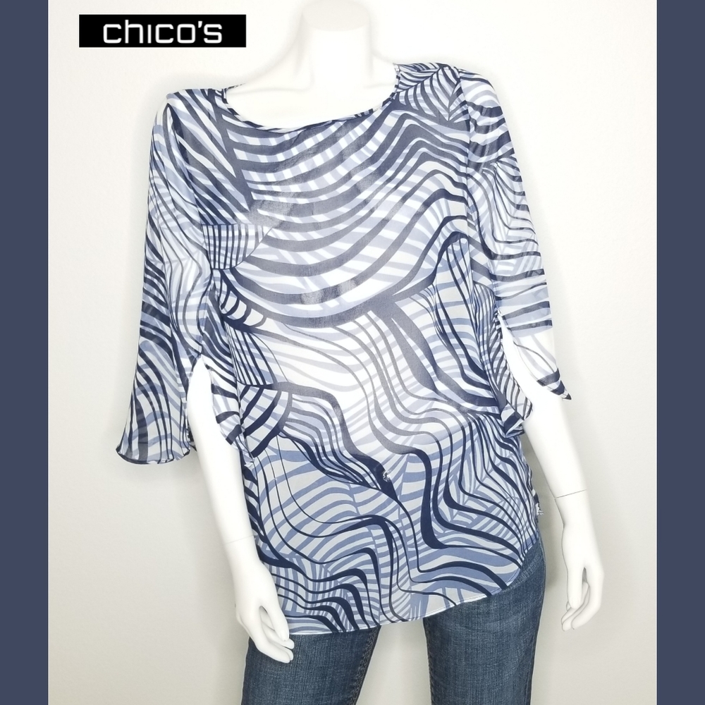 CHICO'S Navy Sheer Bell Sleeve Blouse